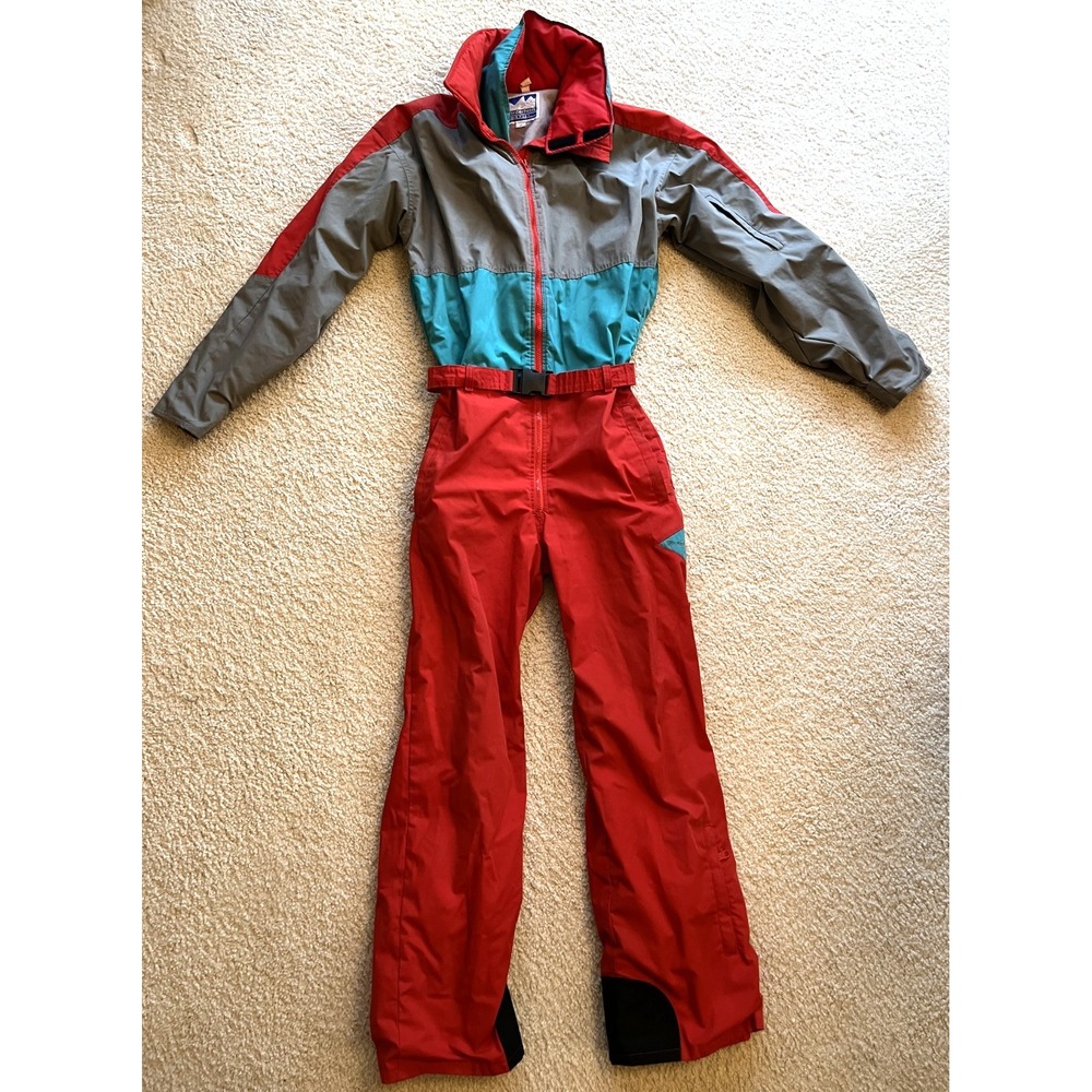 Vintage Powderhorn Red Teal Gray Retro Ski Snow Suit Mens M Made in USA 80s